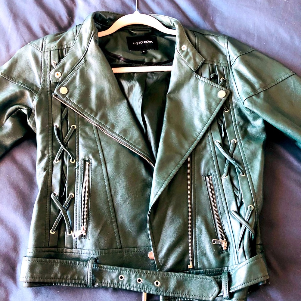 Faux green leather jacket with zipper detailing